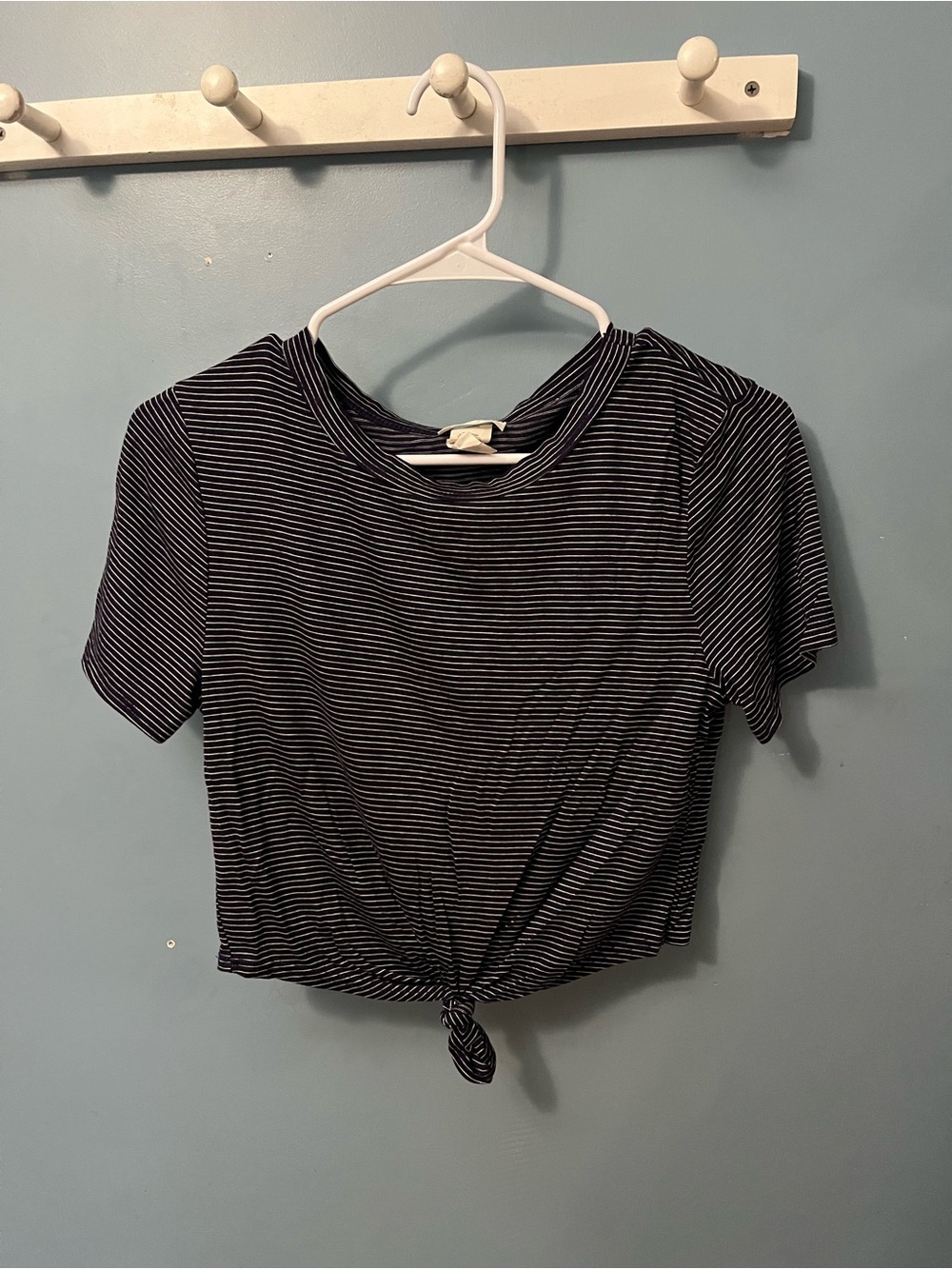 Navy striped crop tee with tie detail on waist